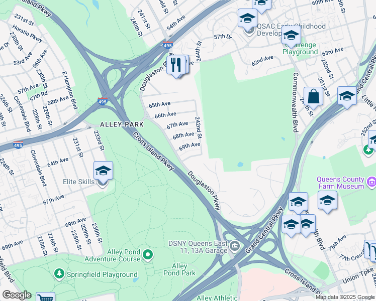 map of restaurants, bars, coffee shops, grocery stores, and more near 240-51 69th Avenue in Queens