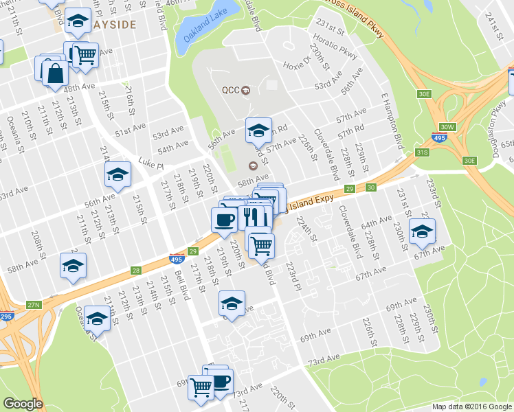 map of restaurants, bars, coffee shops, grocery stores, and more near 221-27 59th Avenue in Queens