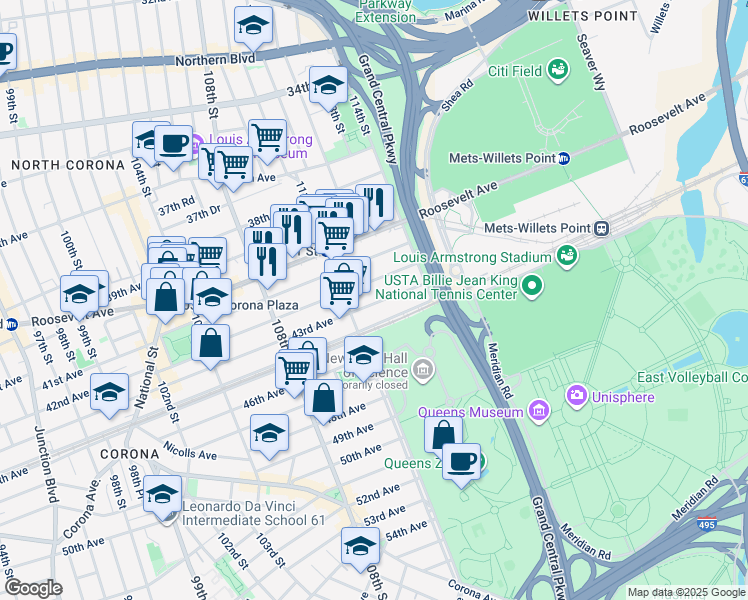 map of restaurants, bars, coffee shops, grocery stores, and more near 111-30 42nd Avenue in Queens