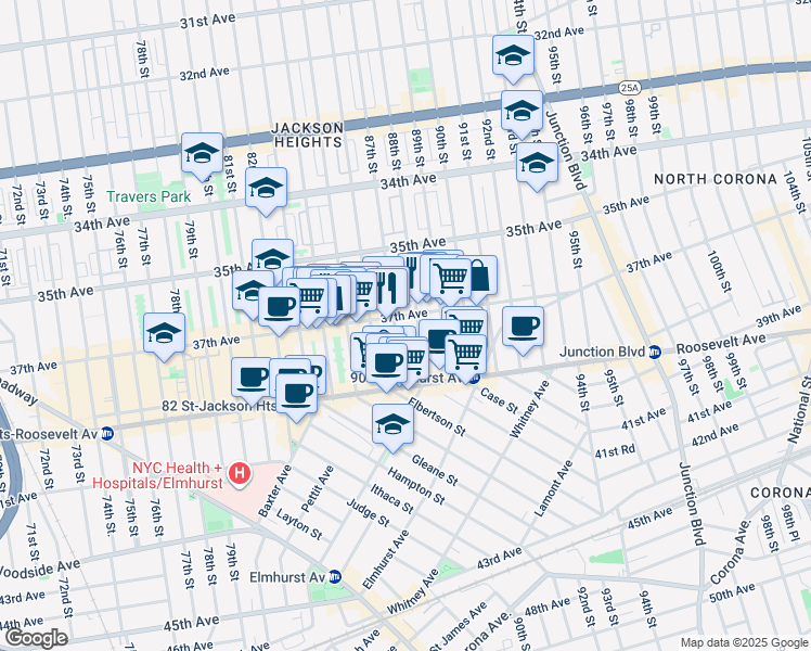map of restaurants, bars, coffee shops, grocery stores, and more near 8612 37th Avenue in Queens