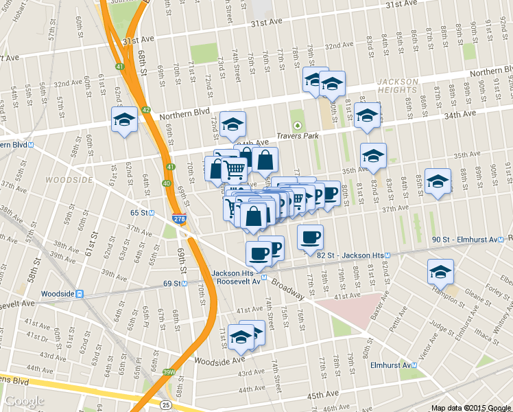 map of restaurants, bars, coffee shops, grocery stores, and more near in Queens