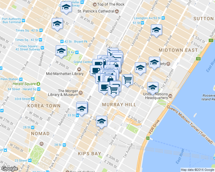 map of restaurants, bars, coffee shops, grocery stores, and more near in New York
