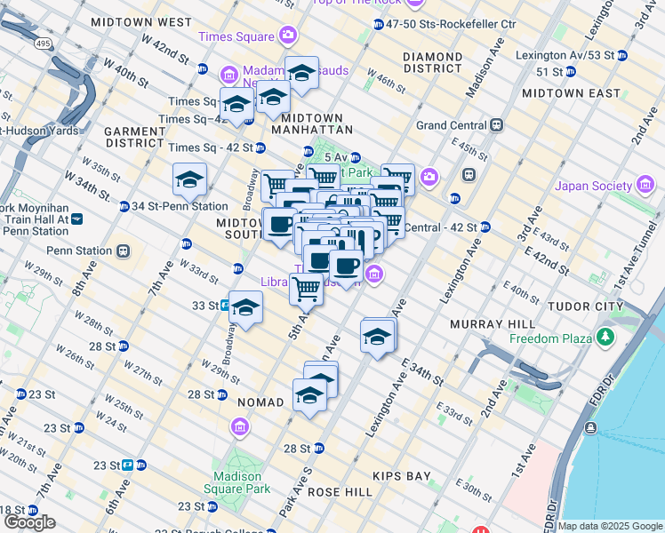 map of restaurants, bars, coffee shops, grocery stores, and more near 1376 West 38th Street in New York