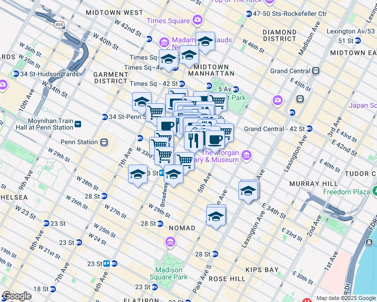 map of restaurants, bars, coffee shops, grocery stores, and more near 60 West 36th Street in New York
