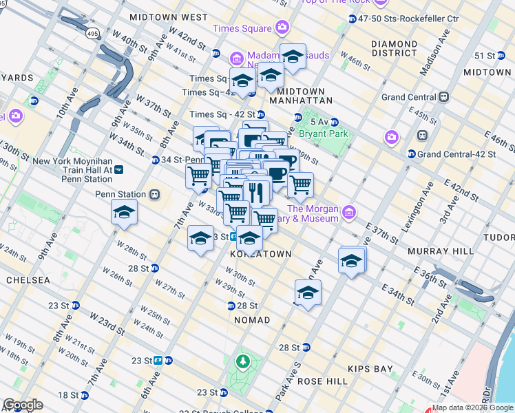 map of restaurants, bars, coffee shops, grocery stores, and more near 900 6th Avenue in New York