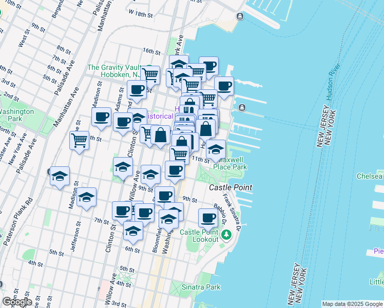 map of restaurants, bars, coffee shops, grocery stores, and more near 1117 Washington Street in Hoboken