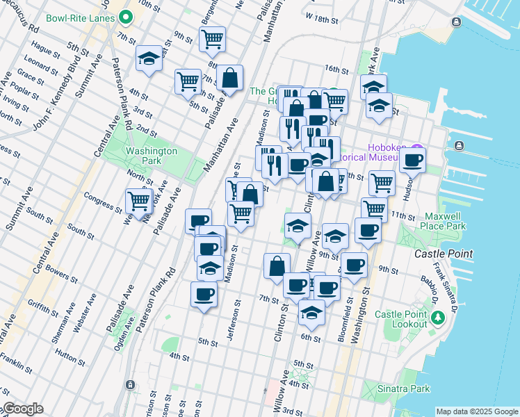map of restaurants, bars, coffee shops, grocery stores, and more near 1001 Madison Street in Hoboken