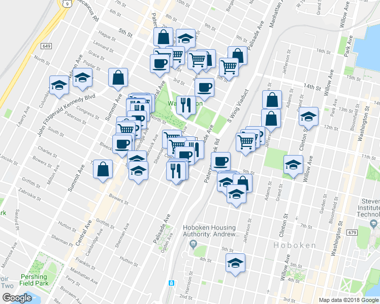 map of restaurants, bars, coffee shops, grocery stores, and more near 419 New York Avenue in Jersey City