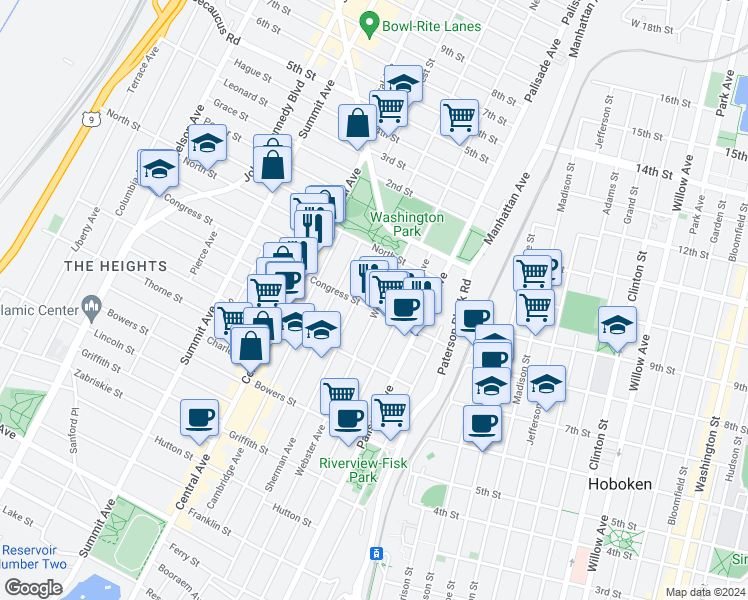 map of restaurants, bars, coffee shops, grocery stores, and more near 288 Sherman Avenue in Jersey City