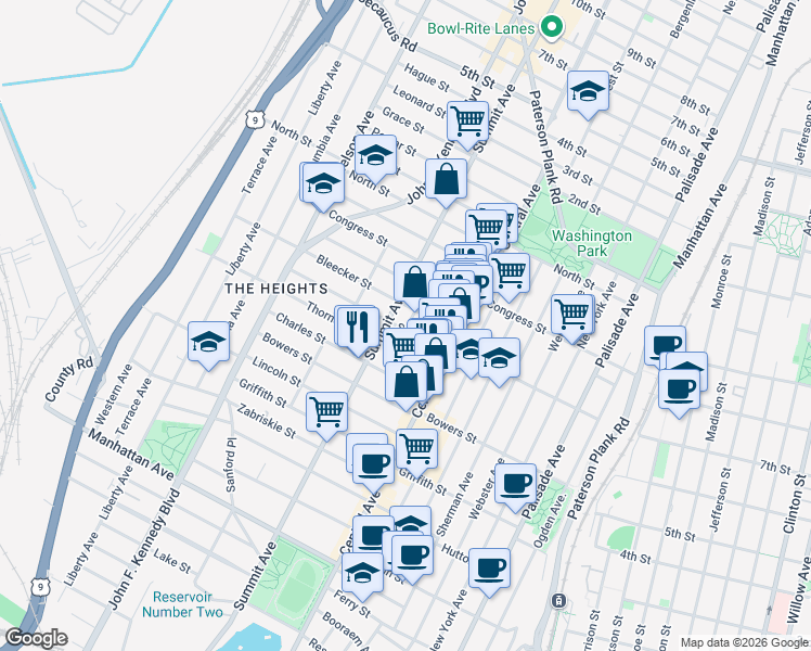 map of restaurants, bars, coffee shops, grocery stores, and more near 47 Bleecker Street in Jersey City