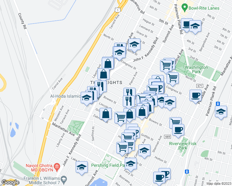 map of restaurants, bars, coffee shops, grocery stores, and more near 106 Thorne Street in Jersey City