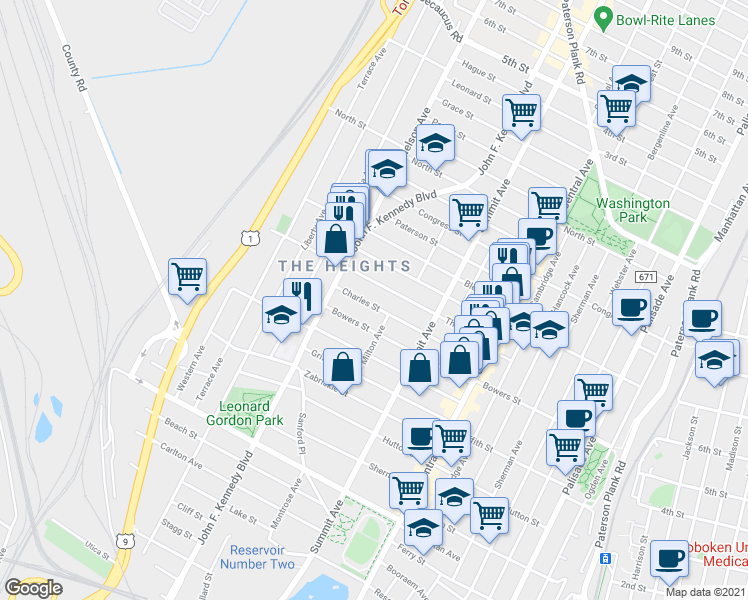 map of restaurants, bars, coffee shops, grocery stores, and more near 106 Thorne Street in Jersey City