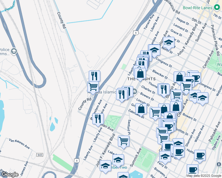 map of restaurants, bars, coffee shops, grocery stores, and more near 119 Terrace Avenue in Jersey City