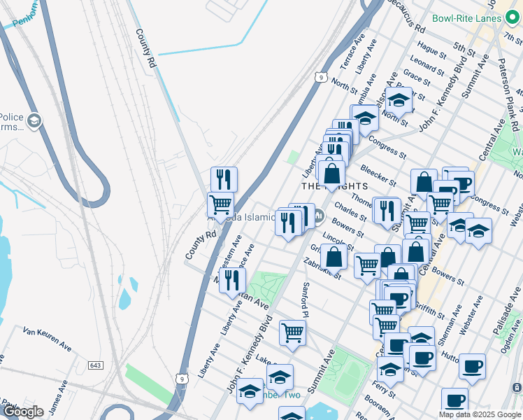 map of restaurants, bars, coffee shops, grocery stores, and more near 119 Terrace Avenue in Jersey City