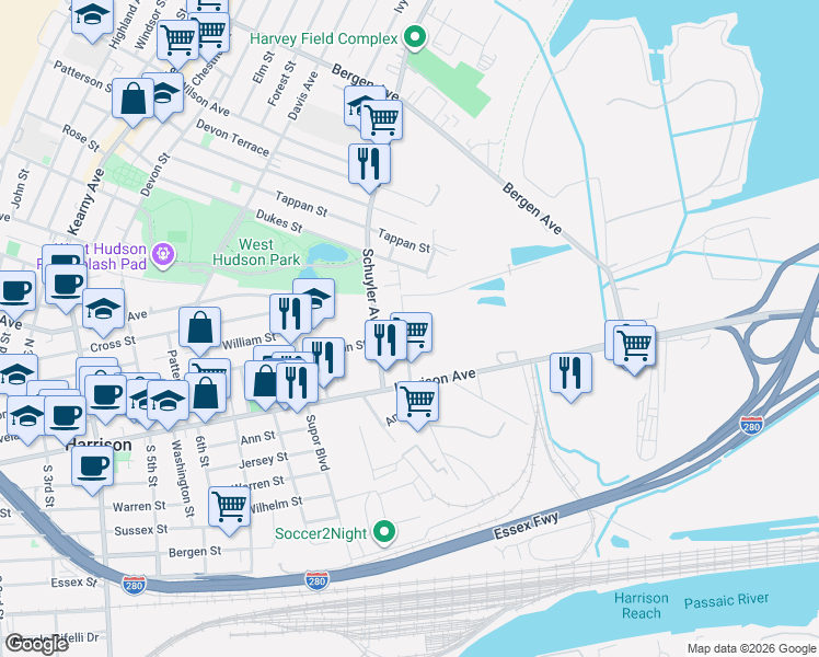 map of restaurants, bars, coffee shops, grocery stores, and more near 216-226 Sandford Avenue in Kearny
