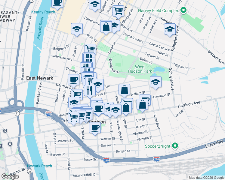map of restaurants, bars, coffee shops, grocery stores, and more near 524 Central Avenue in Harrison