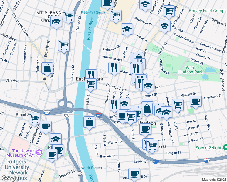 map of restaurants, bars, coffee shops, grocery stores, and more near 165 Central Avenue in East Newark