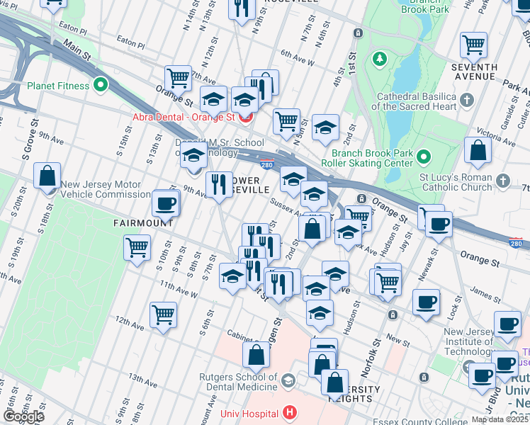 map of restaurants, bars, coffee shops, grocery stores, and more near 63 North 6th Street in Newark