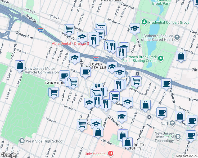 map of restaurants, bars, coffee shops, grocery stores, and more near 63 North 6th Street in Newark