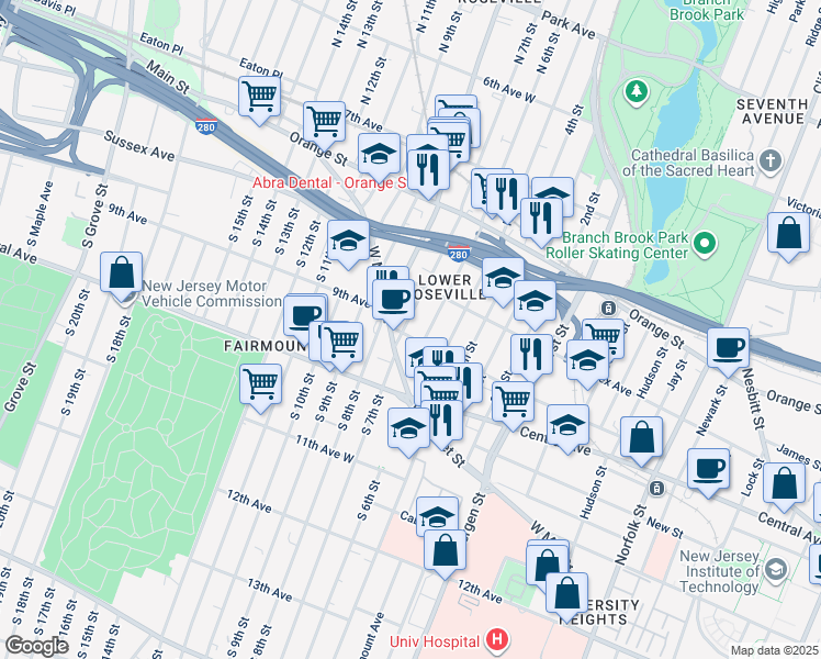 map of restaurants, bars, coffee shops, grocery stores, and more near 26 North 7th Street in Newark