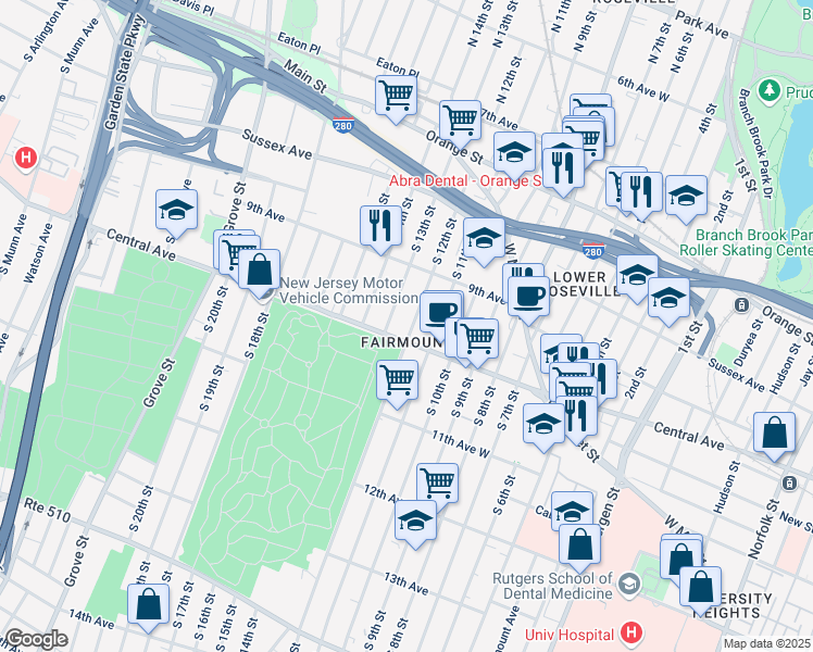 map of restaurants, bars, coffee shops, grocery stores, and more near 114 South 12th Street in Newark