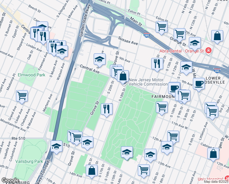 map of restaurants, bars, coffee shops, grocery stores, and more near 187 Hollywood Avenue in East Orange