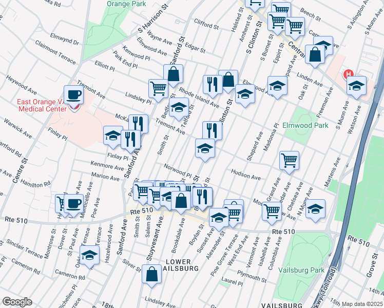 map of restaurants, bars, coffee shops, grocery stores, and more near 443-45 Norwood Place in East Orange