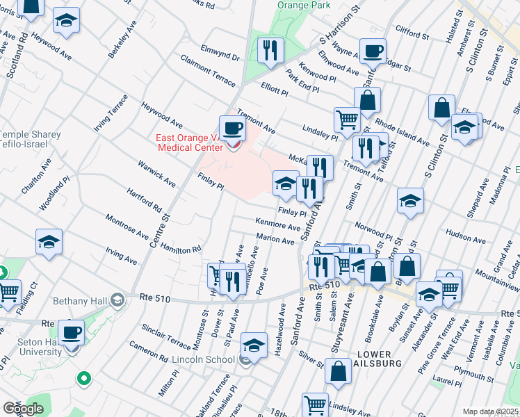 map of restaurants, bars, coffee shops, grocery stores, and more near 81 Finlay Place in Newark
