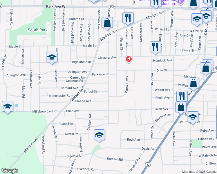 map of restaurants, bars, coffee shops, grocery stores, and more near 455 Woodward Avenue in Mansfield