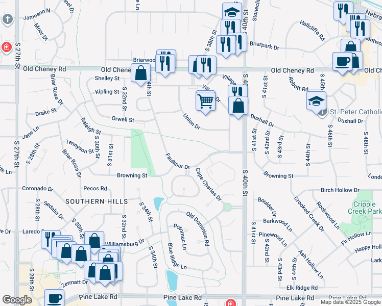 map of restaurants, bars, coffee shops, grocery stores, and more near 3500 Faulkner Drive in Lincoln