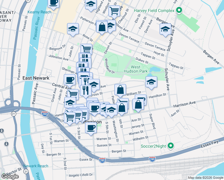 map of restaurants, bars, coffee shops, grocery stores, and more near 404 Cross Street in Harrison