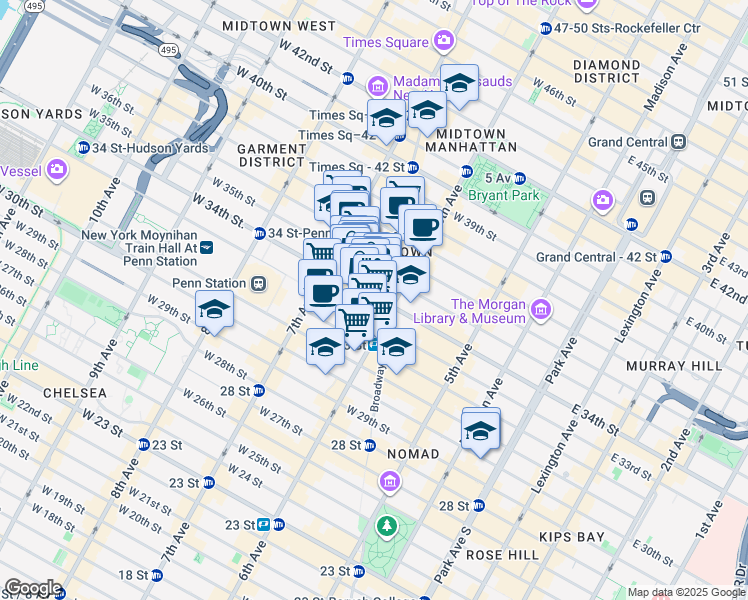 map of restaurants, bars, coffee shops, grocery stores, and more near 131 West 33rd Street in New York