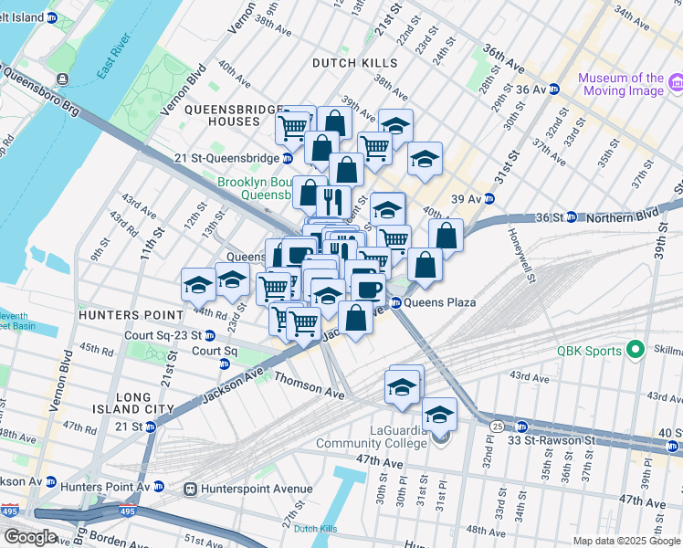 map of restaurants, bars, coffee shops, grocery stores, and more near 2706 Queens Plaza South in Queens
