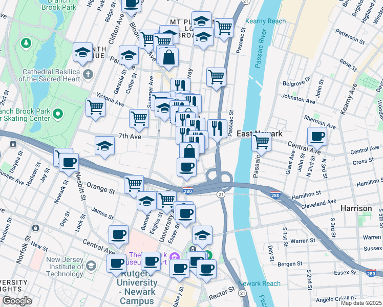 map of restaurants, bars, coffee shops, grocery stores, and more near Broad St & Clay St in Newark