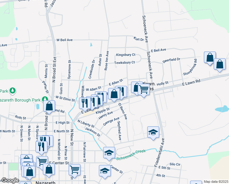 map of restaurants, bars, coffee shops, grocery stores, and more near 38 East Saint Elmo Street in Nazareth