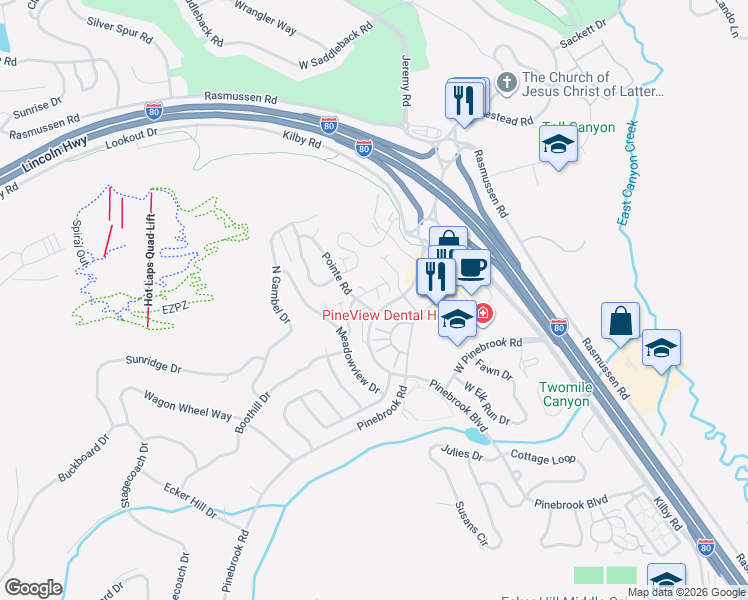 map of restaurants, bars, coffee shops, grocery stores, and more near 8361 Meadowview Court in Park City