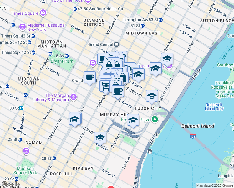 map of restaurants, bars, coffee shops, grocery stores, and more near 630 3rd Avenue in New York