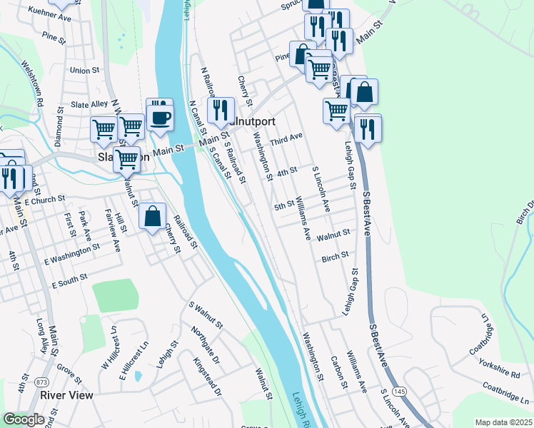 map of restaurants, bars, coffee shops, grocery stores, and more near 502 Washington Street in Walnutport