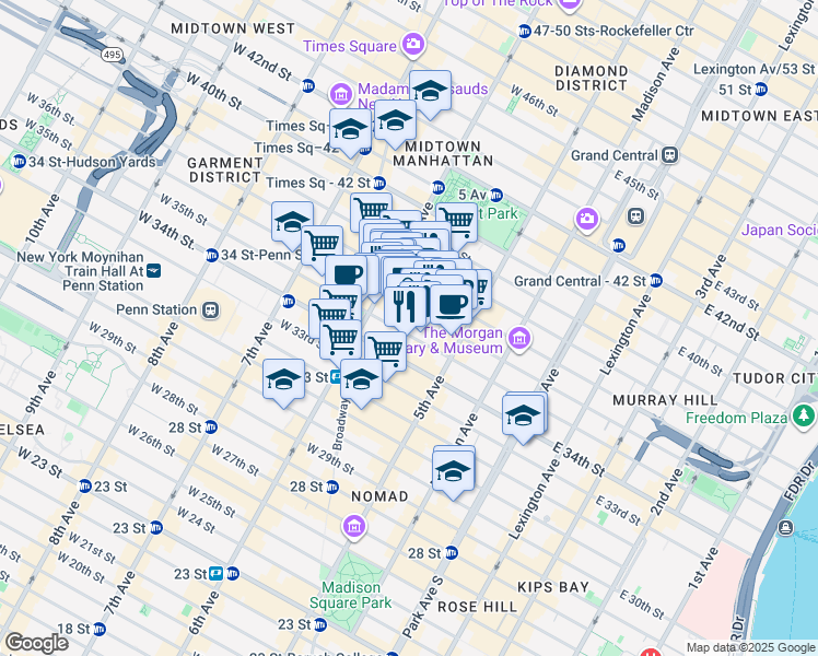 map of restaurants, bars, coffee shops, grocery stores, and more near 60 West 36th Street in New York