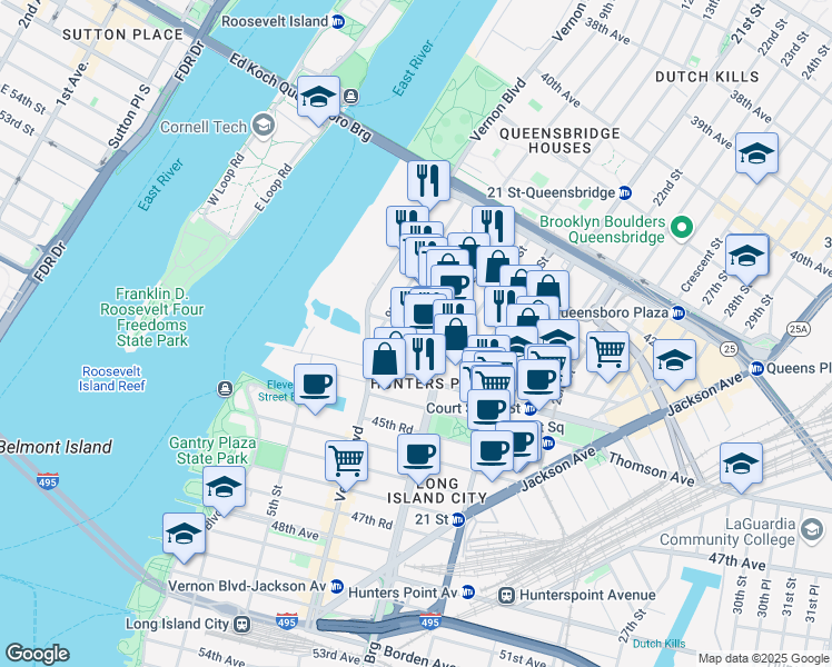 map of restaurants, bars, coffee shops, grocery stores, and more near 43-69 10th Street in Queens
