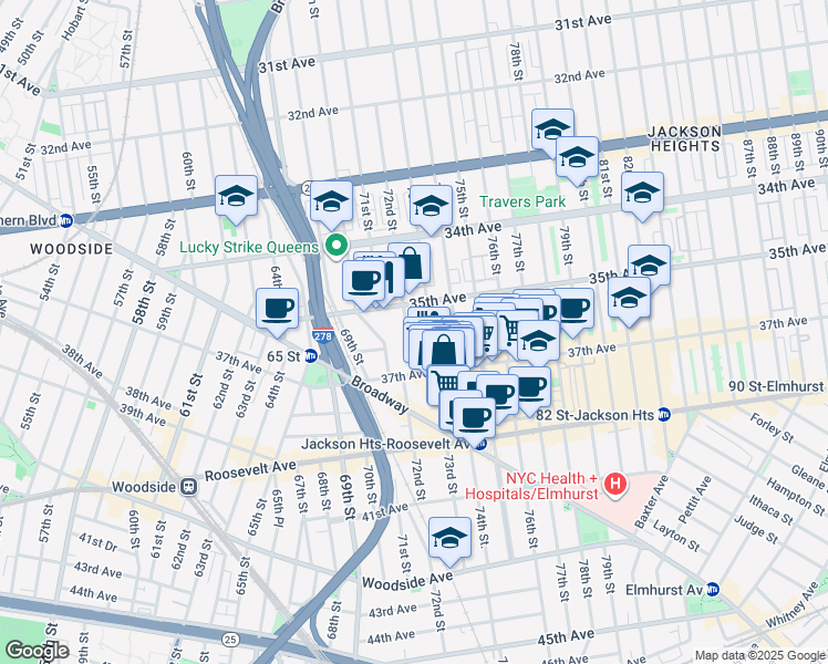 map of restaurants, bars, coffee shops, grocery stores, and more near 35-27 72nd Street in Queens