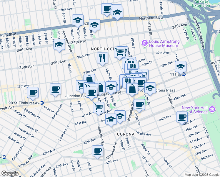 map of restaurants, bars, coffee shops, grocery stores, and more near 38-7 100th Street in Queens
