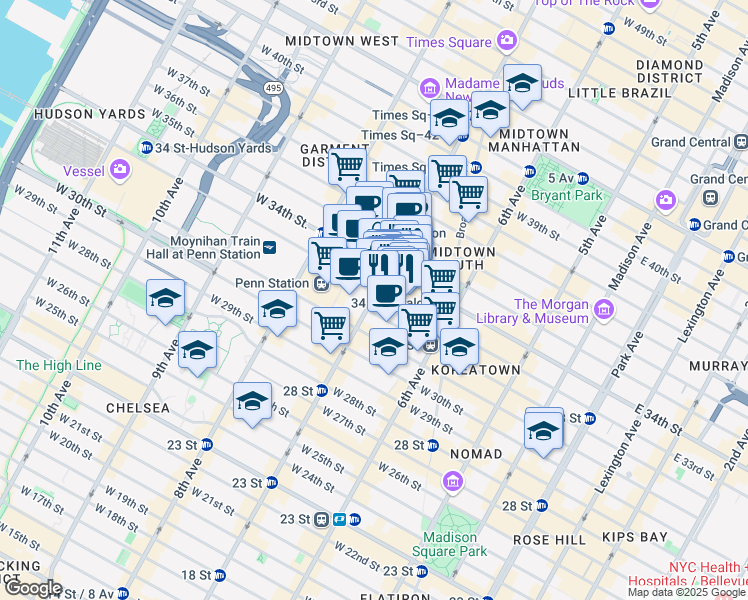 map of restaurants, bars, coffee shops, grocery stores, and more near 401 7th Avenue in New York