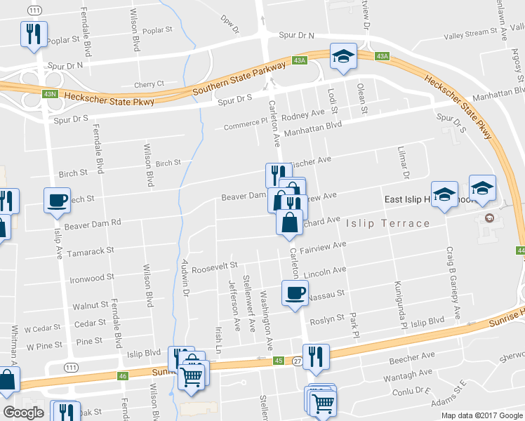 map of restaurants, bars, coffee shops, grocery stores, and more near 11 Irving Place in Islip Terrace