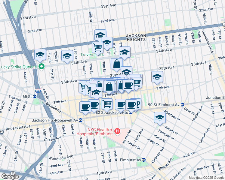 map of restaurants, bars, coffee shops, grocery stores, and more near 3545 79th Street in Queens