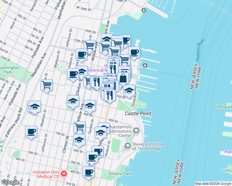 map of restaurants, bars, coffee shops, grocery stores, and more near 1117 Washington Street in Hoboken