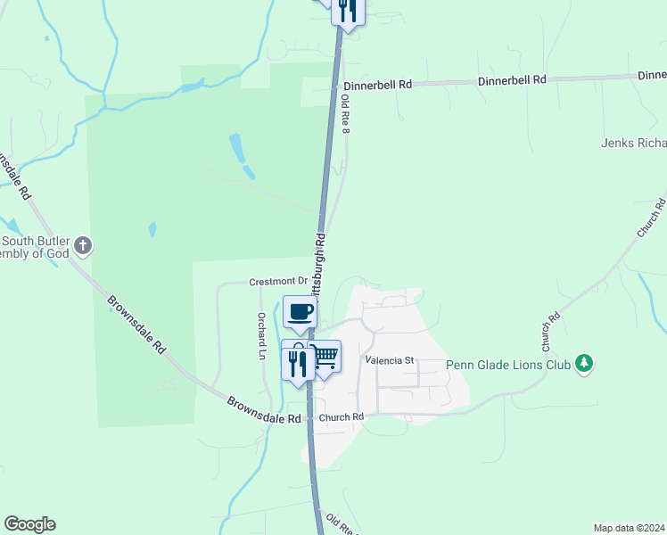 map of restaurants, bars, coffee shops, grocery stores, and more near 747 Pittsburgh Road in Butler