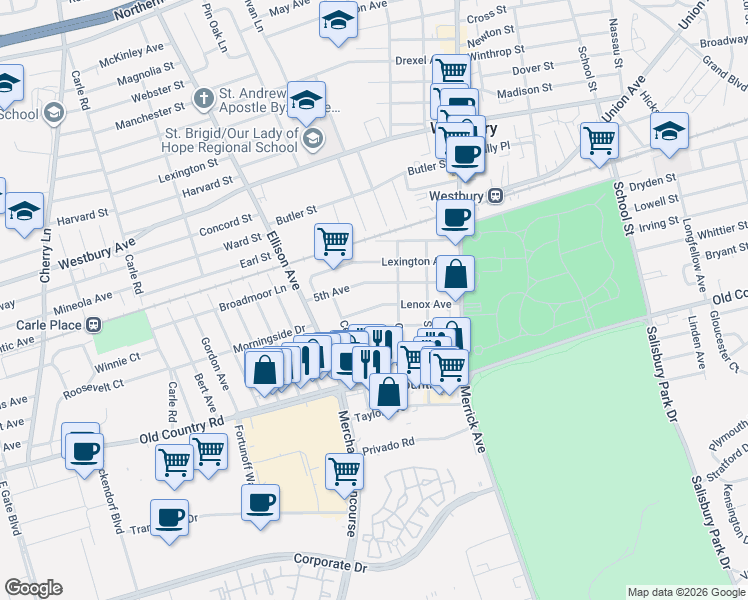 map of restaurants, bars, coffee shops, grocery stores, and more near 34 5th Avenue in Westbury