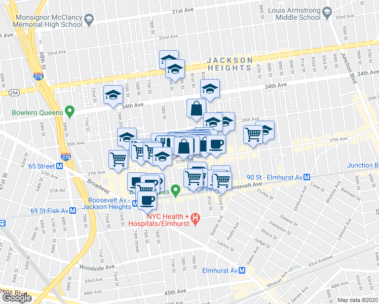 map of restaurants, bars, coffee shops, grocery stores, and more near 3545 79th Street in Queens