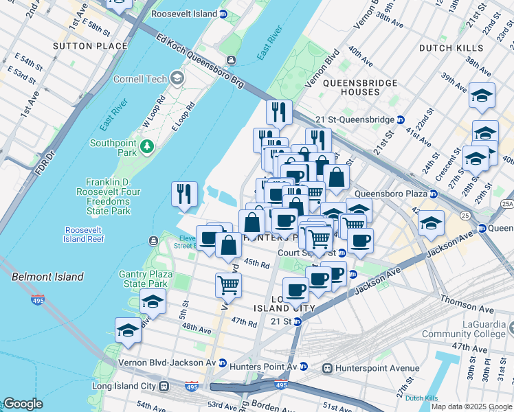 map of restaurants, bars, coffee shops, grocery stores, and more near 8-11 44th Avenue in Queens